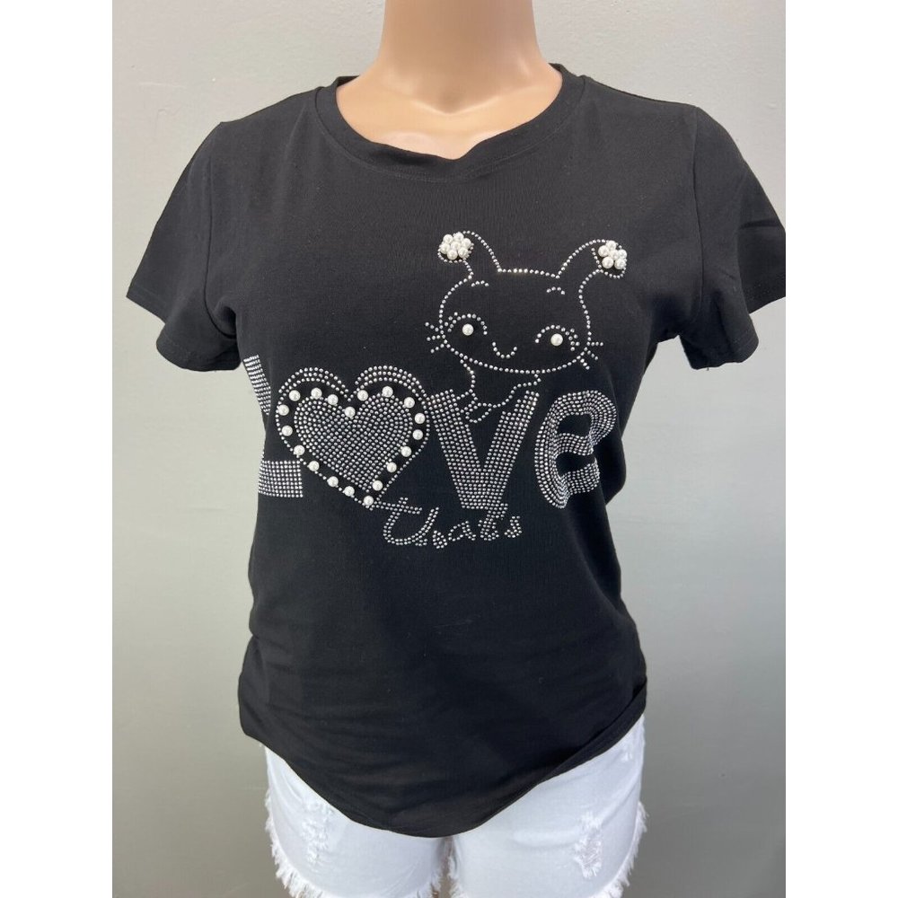 Womens Round Neck T-shirt Black Sparkle Love Design Silver and Pearls Size S/M